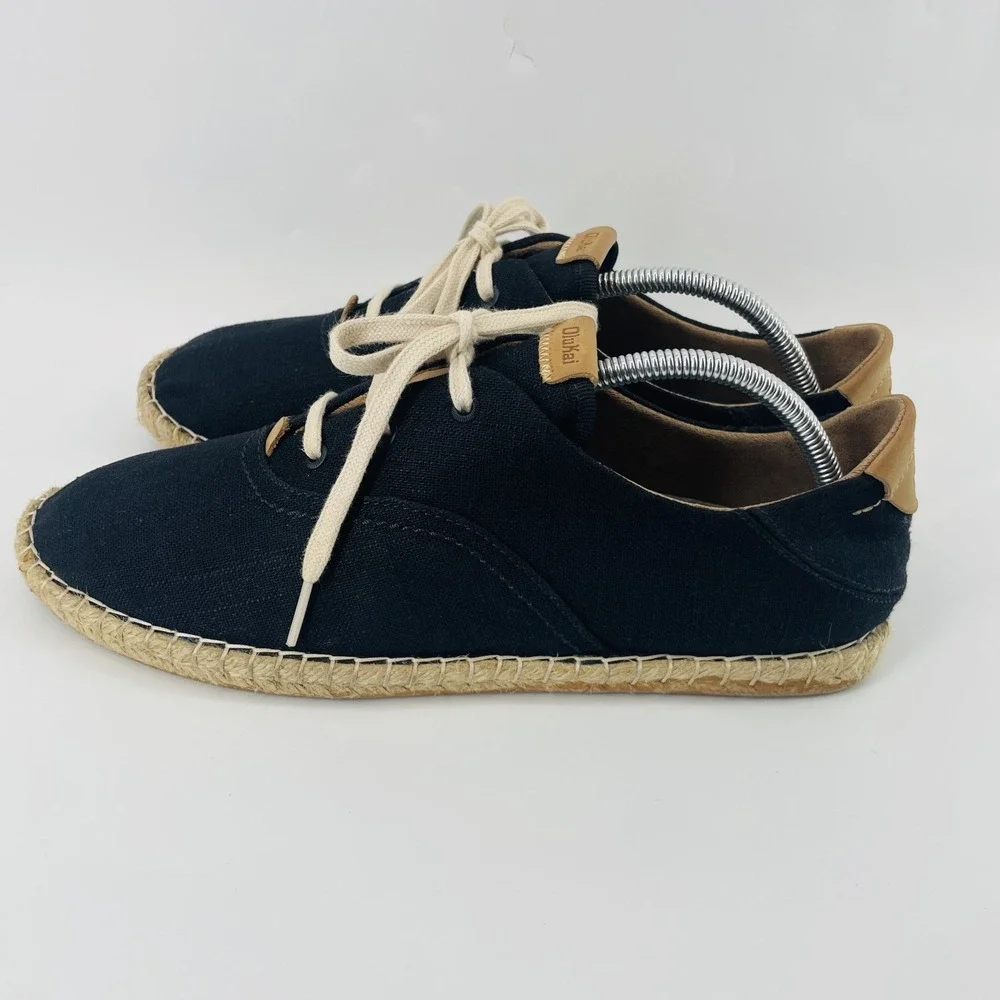 Olukai Kaula Pa'a Li Black Espadrille Sneakers Lace Up Shoes Women US 11 EU 41
